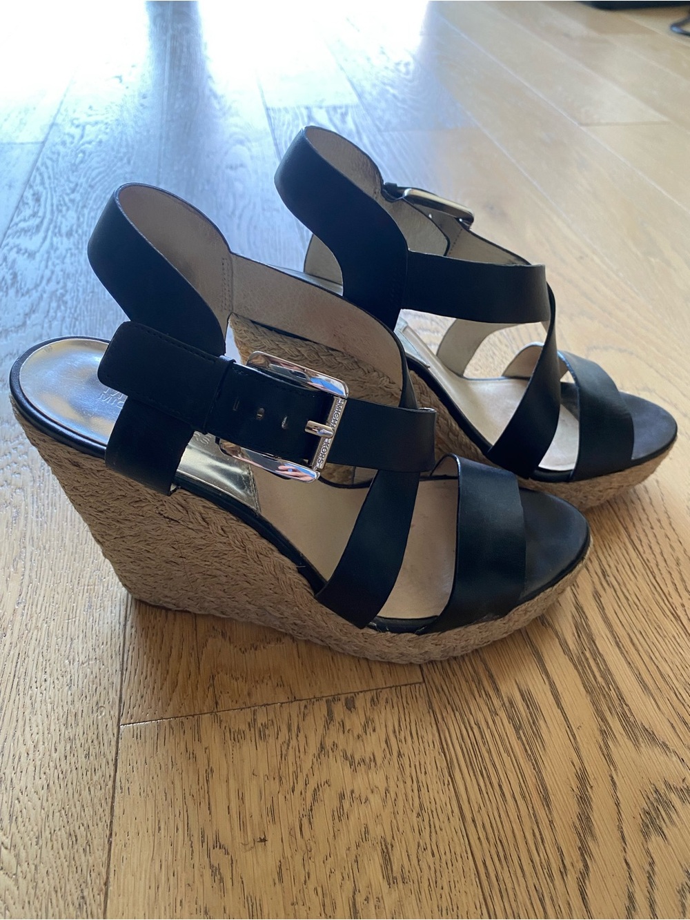 Michael Kors Black Leather Espadrille Wedge Sandals with Buckle